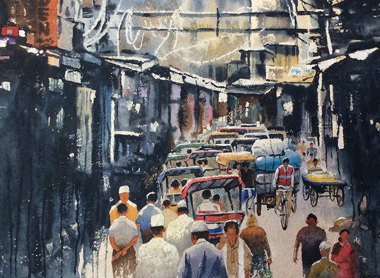 Delhi Street, Watercolor